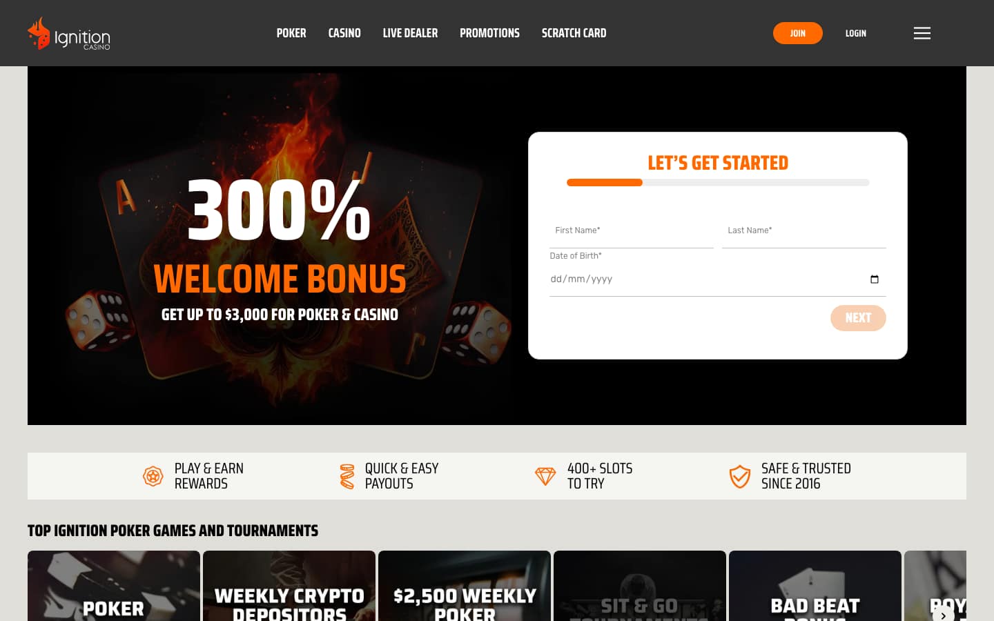 Ignition Casino homepage on a desktop browser: the menu reads Poker, Casino, Live Dealer, Promotions and Scratch Card, with a 300% welcome bonus for poker and casino